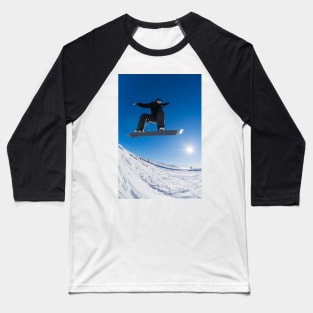Snowboarder jumping against blue sky Baseball T-Shirt
